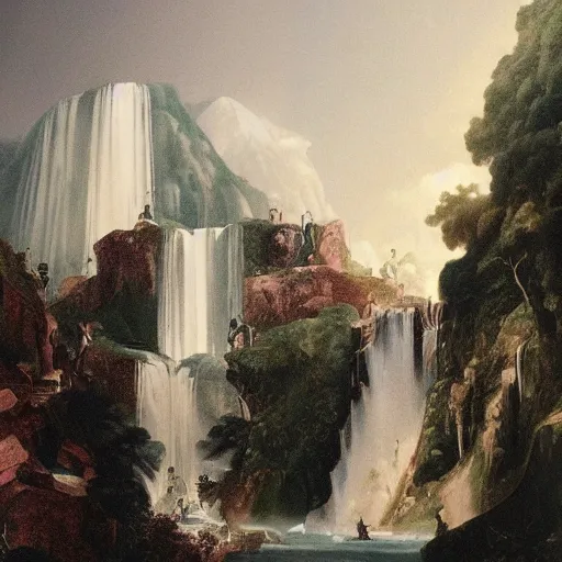 Prompt: A beautiful collage of a waterfalls going into a city. lithograph by Roberto Ferri, by Chip Zdarsky decorative