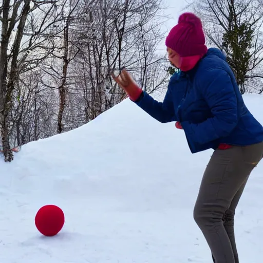 Prompt: a person throwing a snowball that looks like a pomeranian