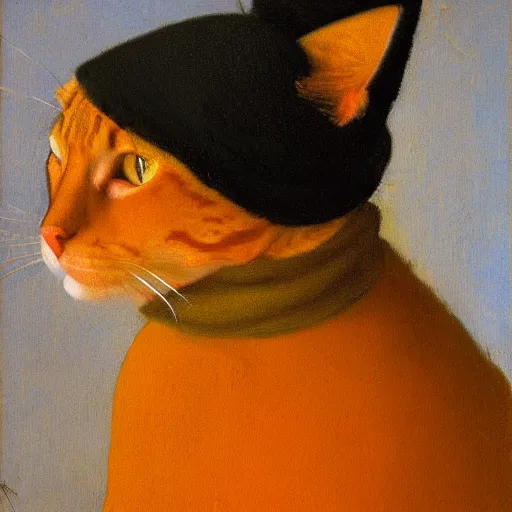 Prompt: an orange cat by jan vermeer, oil painting, highly detailed ， headshot, 8 k