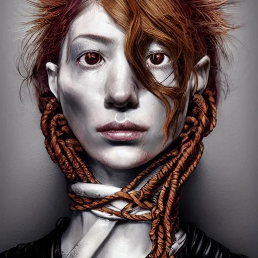 Image similar to portrait of a Shibari rope wrapped face and neck, headshot, insanely nice professional hair style, dramatic hair color, digital painting, of a old 15th century, old cyborg merchant, amber jewels, baroque, ornate clothing, scifi, realistic, hyperdetailed, chiaroscuro, concept art, art by Franz Hals and Jon Foster and Ayami Kojima and Amano and Karol Bak,