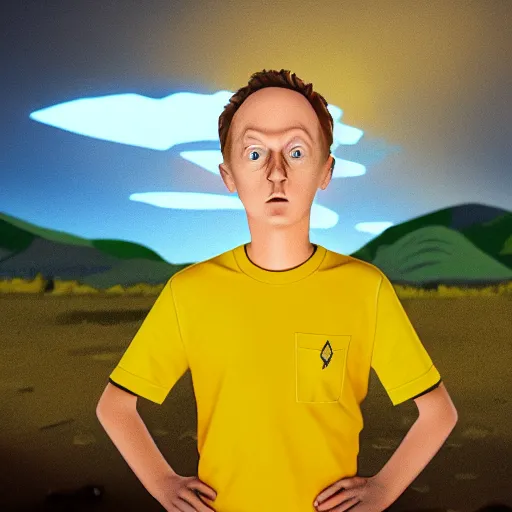 Image similar to portrait of real life morty smith wearing yellow t - shirt. photo realism. dramatic lighting. alien planet background. 4 k