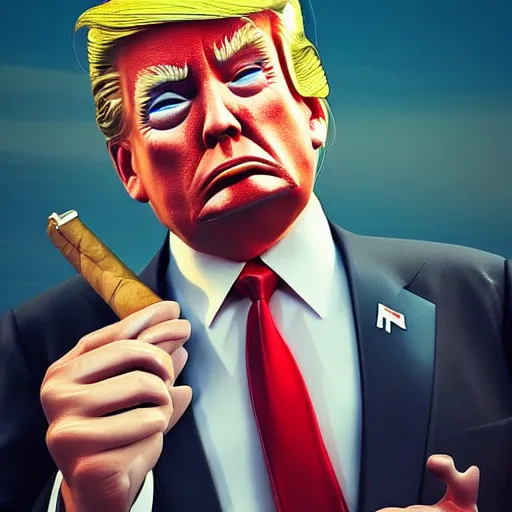 Image similar to a high quality photo of donald trump smoking a cigar, anatomically accurate eyes, 3d scene, render, ultra realistic, artstation, cgsociety