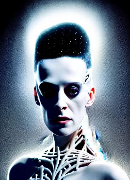 Image similar to portrait of kristen mcmenamy as a beautiful gentle futuristic bride of frankenstein from the movie bride of frankenstein, kintsugi, modern fine art, fractal, intricate, elegant, highly detailed, digital photography, subsurface scattering, by jheronimus bosch and greg rutkowski, still from the movie ex machina, smooth healthy skin, high key lighting
