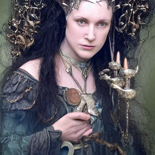 Image similar to a realistic portrait closeup 5 0 mm studio photograph by annie leibowitz of morgan le fay, a powerful and ambiguous enchantress of legend.