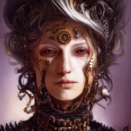 Image similar to portrait, headshot, insanely nice professional hair style, dramatic hair color, digital painting, of a old 17th century, old cyborg merchant, amber jewels, baroque, ornate clothing, scifi, realistic, hyperdetailed, chiaroscuro, concept art, art by Franz Hals and Jon Foster and Ayami Kojima and Amano and Karol Bak,