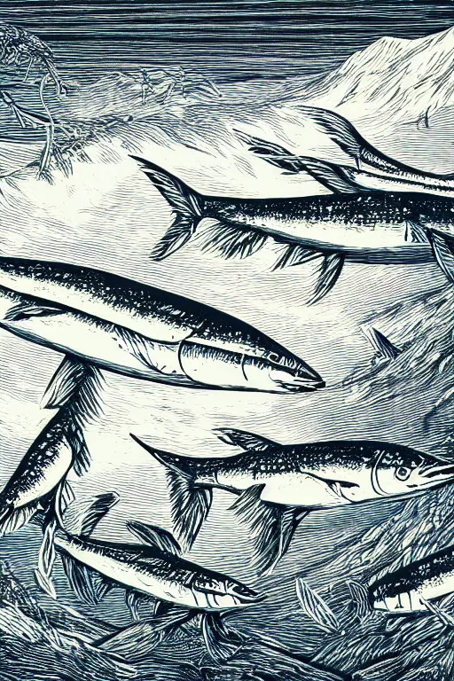 Image similar to a beautiful wood engraving on paper of a school of mackerel, 8 k, frostbite 3 engine, cryengine, dof, trending on artstation, digital art, crepuscular ray