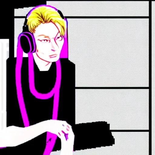 Prompt: Tilda Swinton as a techno DJ in a PC-98 game, visual novel, anime, cyberpunk