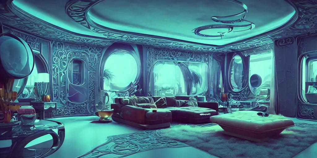 Image similar to 80s futuristic retro living room:: by beeple and James Gilleard and Justin Gerard :: ornate, dynamic, particulate, intricate, elegant, highly detailed, centered, artstation, smooth, sharp focus, octane render, 3d