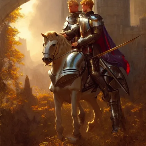 Image similar to attractive arthur pendragon and his favourite attractive male knight, they are in love, camelot, natural lighting, path traced, highly detailed, high quality, digital painting, by gaston bussiere and ross tran and j. c. leyendecker