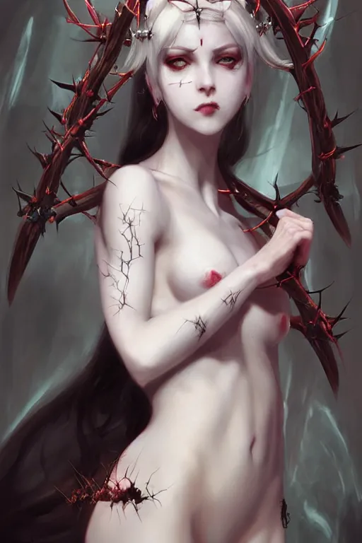 Image similar to Portrait of beautiful pale succubus anime maiden with crown of thorns, and devil's horns, digital art by Ruan Jia and Mandy Jurgens and Artgerm, highly detailed, trending on artstation, award winning,