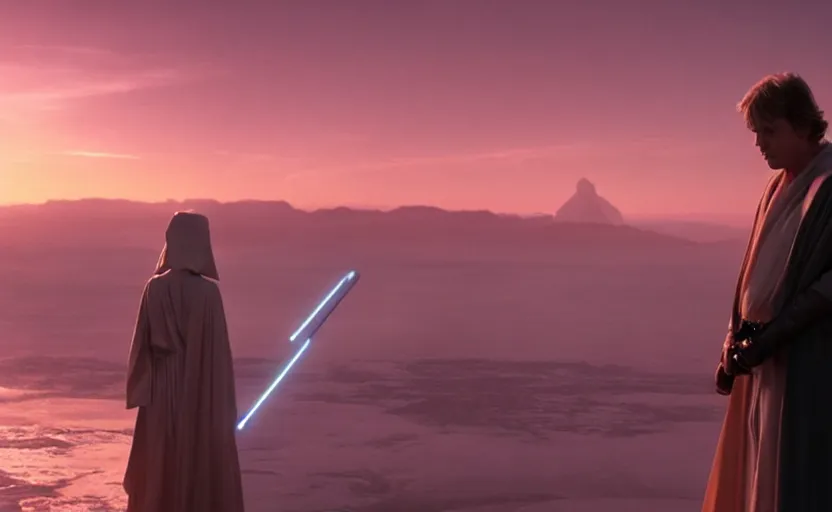 Image similar to iconic wide cinematic screen shot of luke skywalker dueling with a white robed female sith lord, standing with a view of coruscant at sunset, from the thrilling scene from the hbo succession, moody cinematography, foggy pink volumetric lighting, hyper detailed scene, anamorphic lenses 2 4 mm, lens flare, award winning