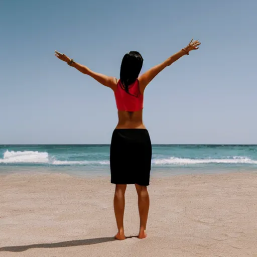 Prompt: woman on beach with hands up