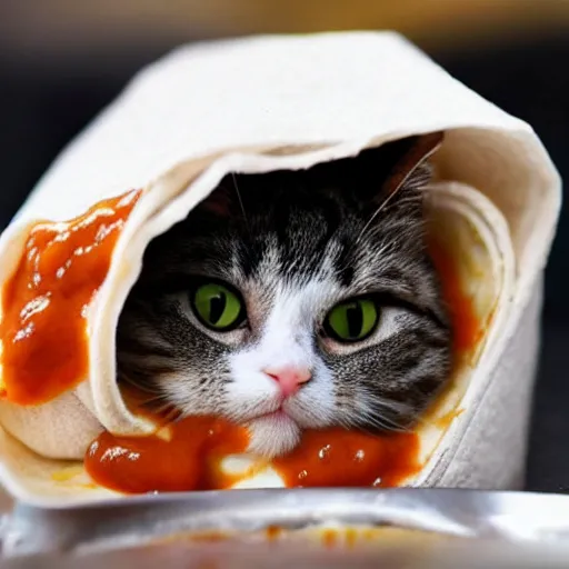 Image similar to a cute cat trapped in a burrito, covered in ketchup and mayonnaise