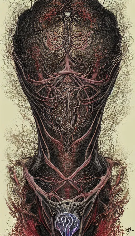 Image similar to Scorn and Doom themed painting of beautiful eldritch symmetrical face breathing organic mask pattern concept, infinity glyph, intricate artwork by, Johnatan Wayshak, Zdizslaw Beksinski, Ayami Kojima, Amano, Karol Bak, Darius Zawadzki, and Mark Brooks, Neo-Gothic, gothic, rich deep colors, art by Takato Yamamoto, masterpiece, face by Artgerm, H.R. Giger, very coherent artwork, cinematic, hyper realism, high detail, octane render, unreal engine, 8k, High contrast, golden ratio, trending on cgsociety, ultra high quality model, production quality cinema model