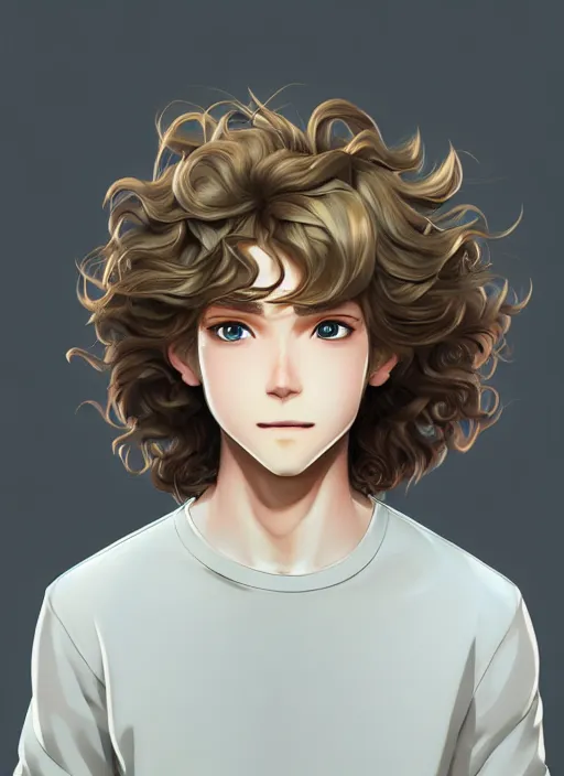 Prompt: young man with medium - length, curly, golden hair, perfectly proportioned face, aquamarine eyes, sweet smile, natural lighting, path traced, highly detailed, high quality, cartoon, digital painting, by new haicheng and studio ghibli