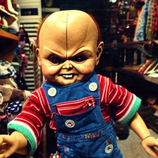 Image similar to Chucky the killer dollfor sake in creepy thrift store