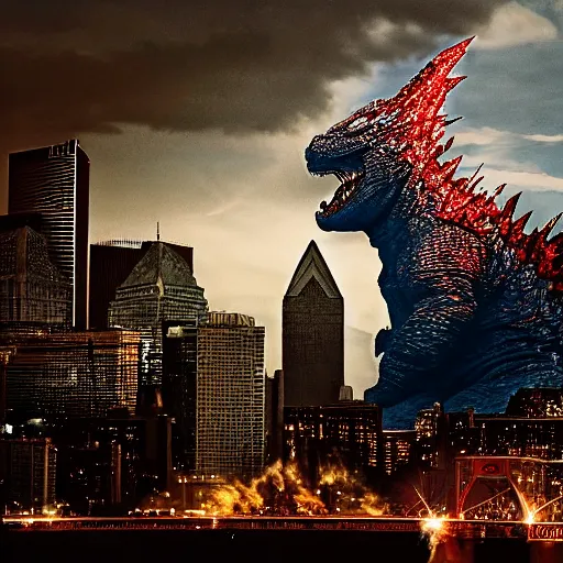 Image similar to godzilla destroying center city philadelphia, high quality, high resolution