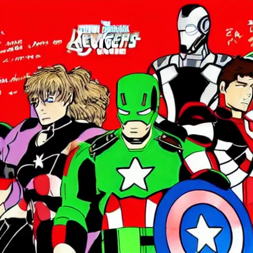 Prompt: the avengers in the style of yuyuko takemiya and gen urobuchi