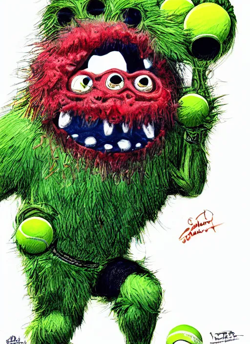 Prompt: tennis ball monsters playing tennis, a tennis ball monster ,tennis ball, Epic, digital art, fantasy, magic, trending on artstation, ultra detailed, professional illustration,chalk, poster artwork by Basil Gogos , clean