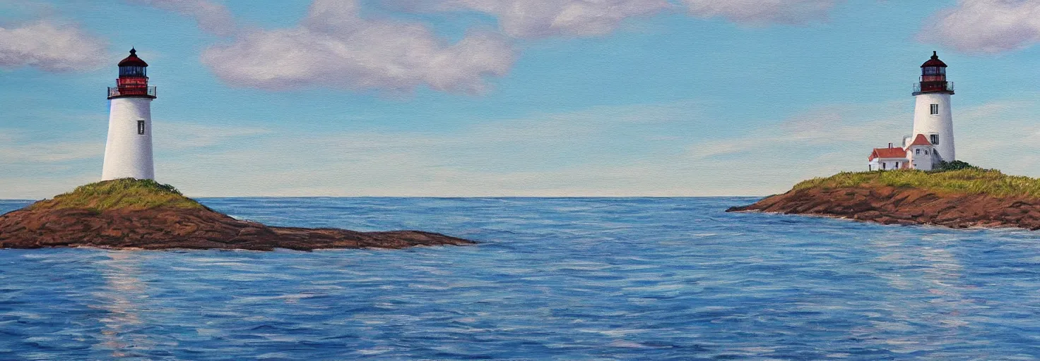 Prompt: super detailed acrylic painting of Prince Edward Island with ocean,a single lighthouse and sand dunes.