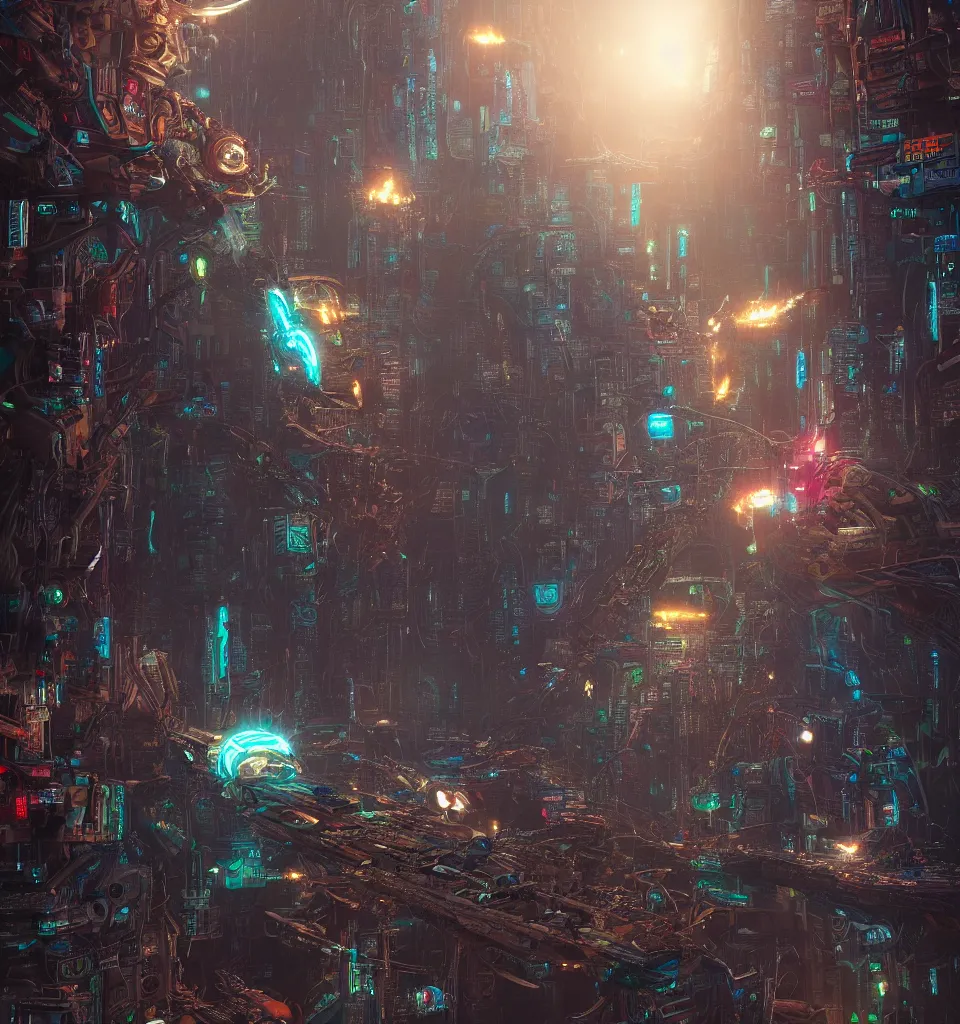 Prompt: large cyberpunk Quetzalcoatl  the feathered serpent deity, cinematic, highly detailed, octane render, cg, rich cinematic atmosphere, perfect digital art, mystical journey in strange world, robotic, circuits, Mystical, cyberpunk, sci-fi, surreal, glowing lights, sharp focus, high detailed, by Greg Rutkowski, Gary Houston, Stephan Martiniere