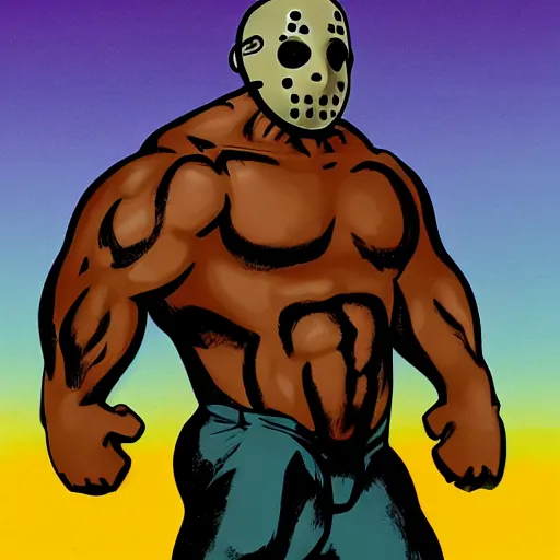 Image similar to Pinup of buff musclegut Jason Voorhees in a speedo