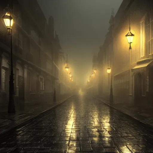 Image similar to victorian city street, dark, misty, at night, 8 k, detailed, concept art, trending on artstation