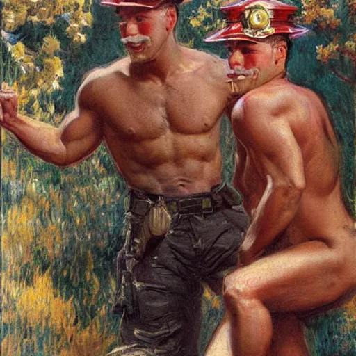 Prompt: attractive kawaii male firefighters of boston, painting by tom of finland, gaston bussiere, craig mullins, j. c. leyendecker, claude monet