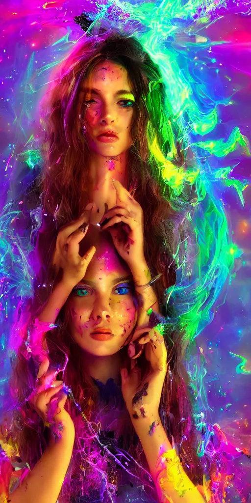 Image similar to impossibly beautiful witch using magic to hypnotize enemies, summer camp, complexity, horror, psychedelic glitch art, rainbow drip paint, trending on art station, photoreal, 8k, octane render