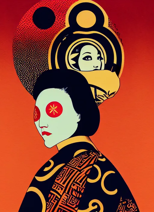 Image similar to portrait of a woman with a mask on his face in the form of a spiral in a golden kimono, full face, against the background of a bright red moon, sad motif, by shepard fairey, dramatic, soft colors, futuristic, 8 k