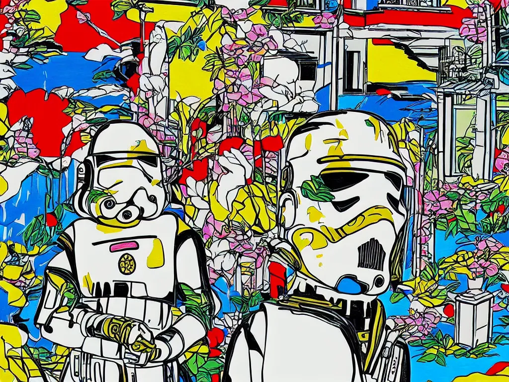 Image similar to detailed close - up image of the japanese home with a garden, stormtrooper in hot springs, pop - art style, jacky tsai style, andy warhol style, roy lichtenstein style, rich palette, acrylic on canvas