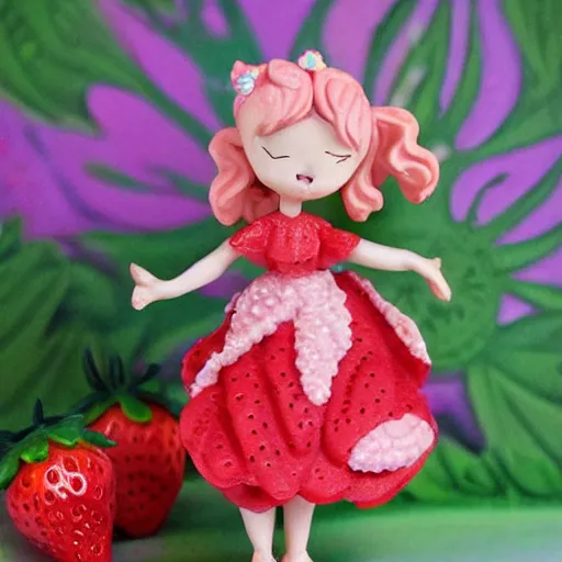 Prompt: a femo figurine of a cute funny strawberry fairy with a frilly floral dress featured in the very hungry caterpillar, by loish