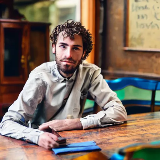 Image similar to photograph of a young frenchman seated at a table in 2 0 2 0. colorful, award winning photography, 5 0 mm, extremely detailed face