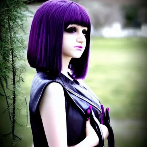 Prompt: Pale-skinned Persian girl, black hime cut hair, long bob cut hair, purple eyes, gothic jacket, mysterious girl, psychic girl, photograph