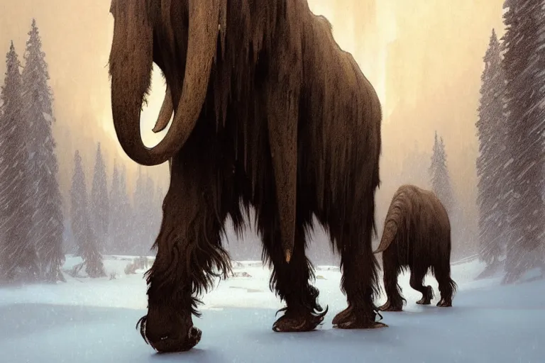 Image similar to a mammoth walking in a terrible snowstorm, luminous sky, by greg rutkowski and alphonse mucha, gradient brown to white, rocky mountains background, highly detailed landscape, digital painting, artstation, concept art, smooth, sharp focus illustration