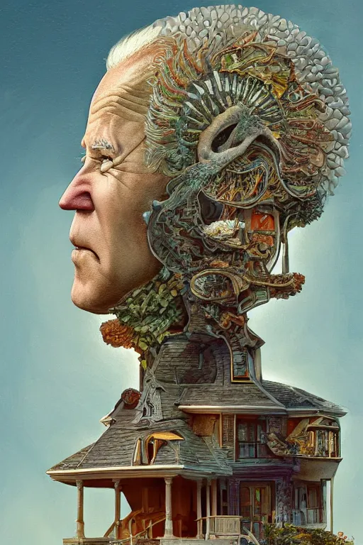 Prompt: joe biden with a house growing out of the top of the head, art deco design, by Mandy Jurgens and Warhol, Ernst Haeckel, James Jean, artstation, concept art