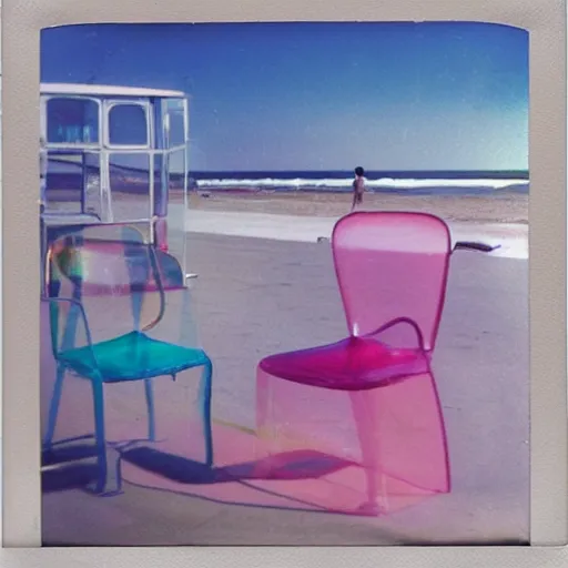 Image similar to a pastel colour high fidelity Polaroid art photo from a holiday album at a seaside with abstract inflatable parachute furniture, all objects made of transparent iridescent Perspex and metallic silver, no people, iridescence, nostalgic