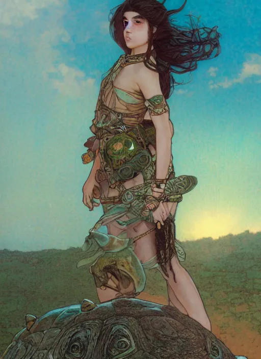 Prompt: a little warrior girl standing on top of one giant turtle in the desert. the girl has dark skin and beautiful green eyes, realistic full body and a very beautiful detailed symmetrical face with long black hair. diffuse light, dramatic sky and landscape, long shot fantasy illustration by mucha