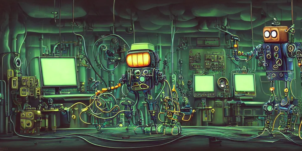 Image similar to happy Funny cartoonish steampunk robot with neon cables at a nuclear control room, by Gediminas Pranckevicius and Felix-Kelly H 704