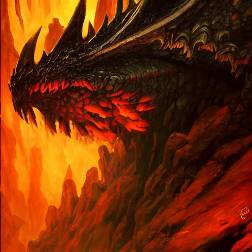 Image similar to oil painting of dragon forest, dnd character, fantasy, realistic textured skin, balrog head, glowing eyes, sharp focus, artgem, boris valejo, frank frazetta, heavy metal style, trending on artstation, digital painting, julie bell, beautiful, very detailed,