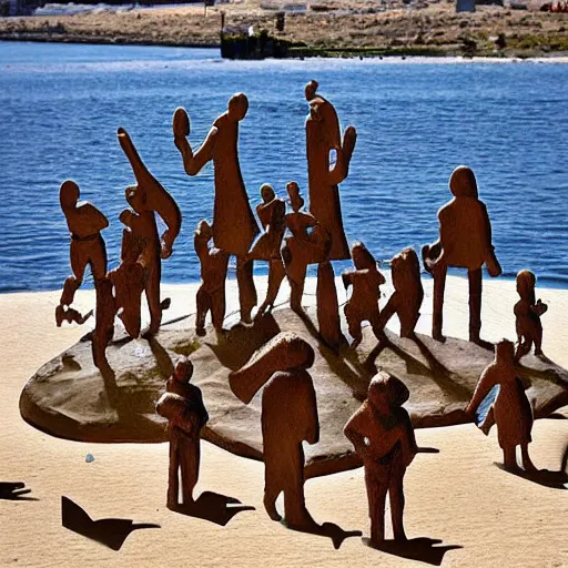 Prompt: This sculpture depicts a scene from the Spanish Civil War, which was a time of great turmoil and strife in Spain. The sculpture shows a group of people on a beach, with the ocean in the background. The people in the sculpture are all different sizes and shapes, and they are all looking in different directions. The sculpture is full of color and movement, and it is very expressive. The sculpture is also very powerful and emotional, and it has a very strong impact on the viewer. tile art, neon green by Louis Wain, by Thomas Kinkade peaceful, extemporaneous