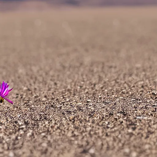 Prompt: a single small pretty flower blooms in the middle of a bleak arid empty desert.