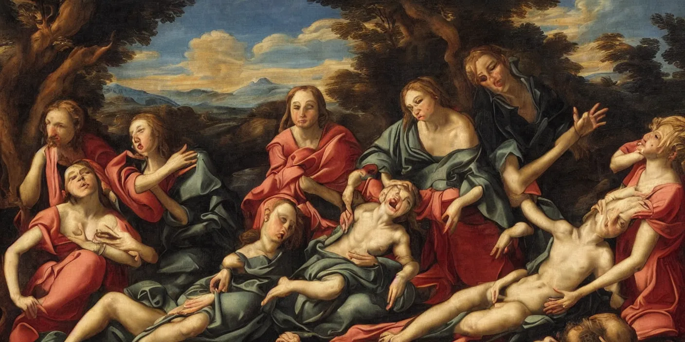 Image similar to an baroque painting of 3 maria's in a landscape crying at the death of christ