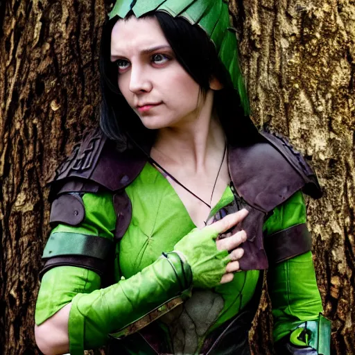 Image similar to anya charlota as a medieval fantasy wood elf, dark purplish hair tucked behind ears, wearing a green tunic with a fur lined collar and brown leather armor, wide, muscular build, scar across nose, one black, scaled arm, cinematic, character art, digital art, forest background, realistic. 8 k,