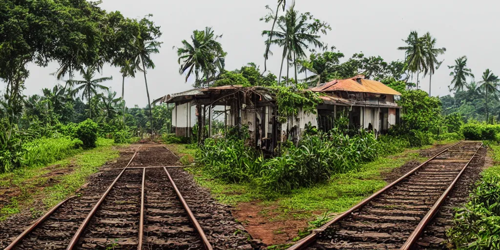 Image similar to abandoned sri lankan train station, cats, rain, mud, greenery, photograph