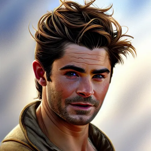 Prompt: A combination of Zac Efron's and Orlando Bloom's and Chris Pine's faces as Nathan Drake, western, D&D, fantasy, intricate, elegant, highly detailed, digital painting, artstation, concept art, matte, sharp focus, illustration, art by Artgerm and Greg Rutkowski and Alphonse Mucha