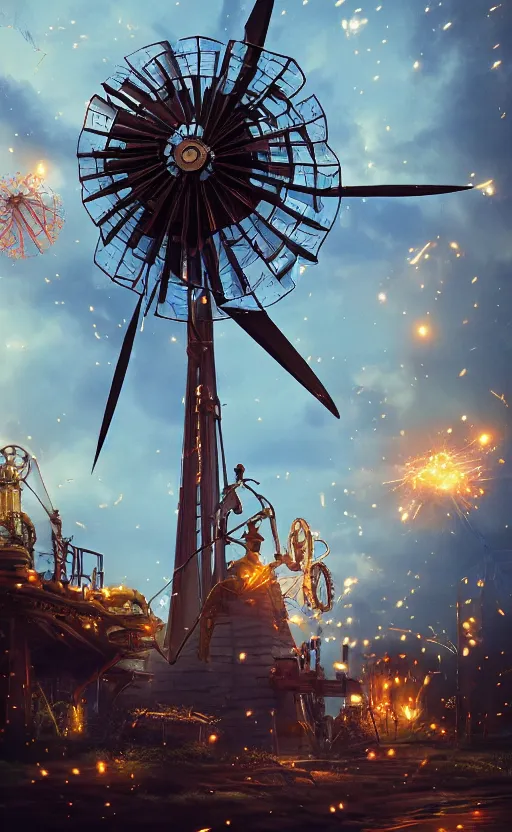 Image similar to a steampunk windmill, robot, blue fire, ash rain, electricity lightning, concept art, sharp focus, intricate details, highly detailed, disney pixar, octane render, iridescent, anime, 8 k, bokeh