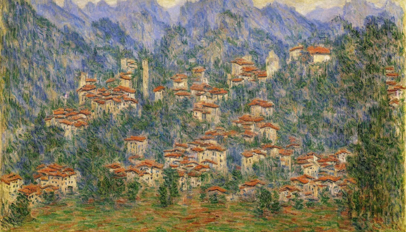 Prompt: an italian town in the dolomites mountains, by claude monet