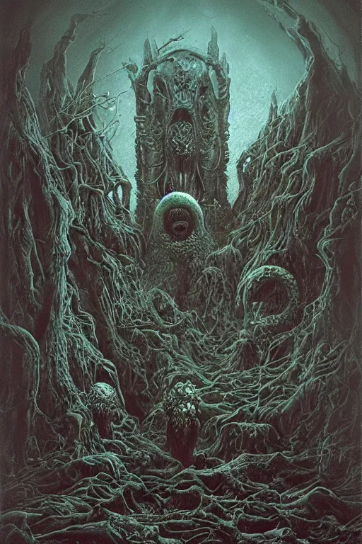 Image similar to the unnameable in lovecraft's dreamlands with the watchers out of time. dark surrealism by michael whelan, dariusz zawadzki, beksinski and chris mars