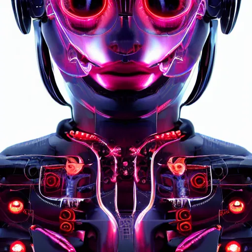 Image similar to The face of an extremely beautiful biomechanical female looking robot with Optical Sensors and large emoji tattoos, surrounded by a thin transparent force field,, extremely beautiful oppai cyberpunk, exaggerated proportions, organic, chimeric organism, pale skin, organic polycarbon, full frontal, portrait, highly detailed, symmetrical, mechanical, mendelbrot fractal, ray tracing, hyperdetailed, hyperrealistic, octane render, hdr, 8k